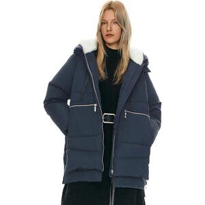 Women's Thickened Navy Clothing Down Vest Jacket Warm Fleece Lined Hood Coat